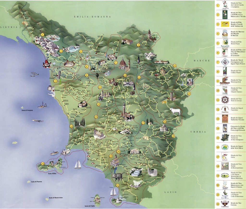 Mapa de rutas del vino de Toscana