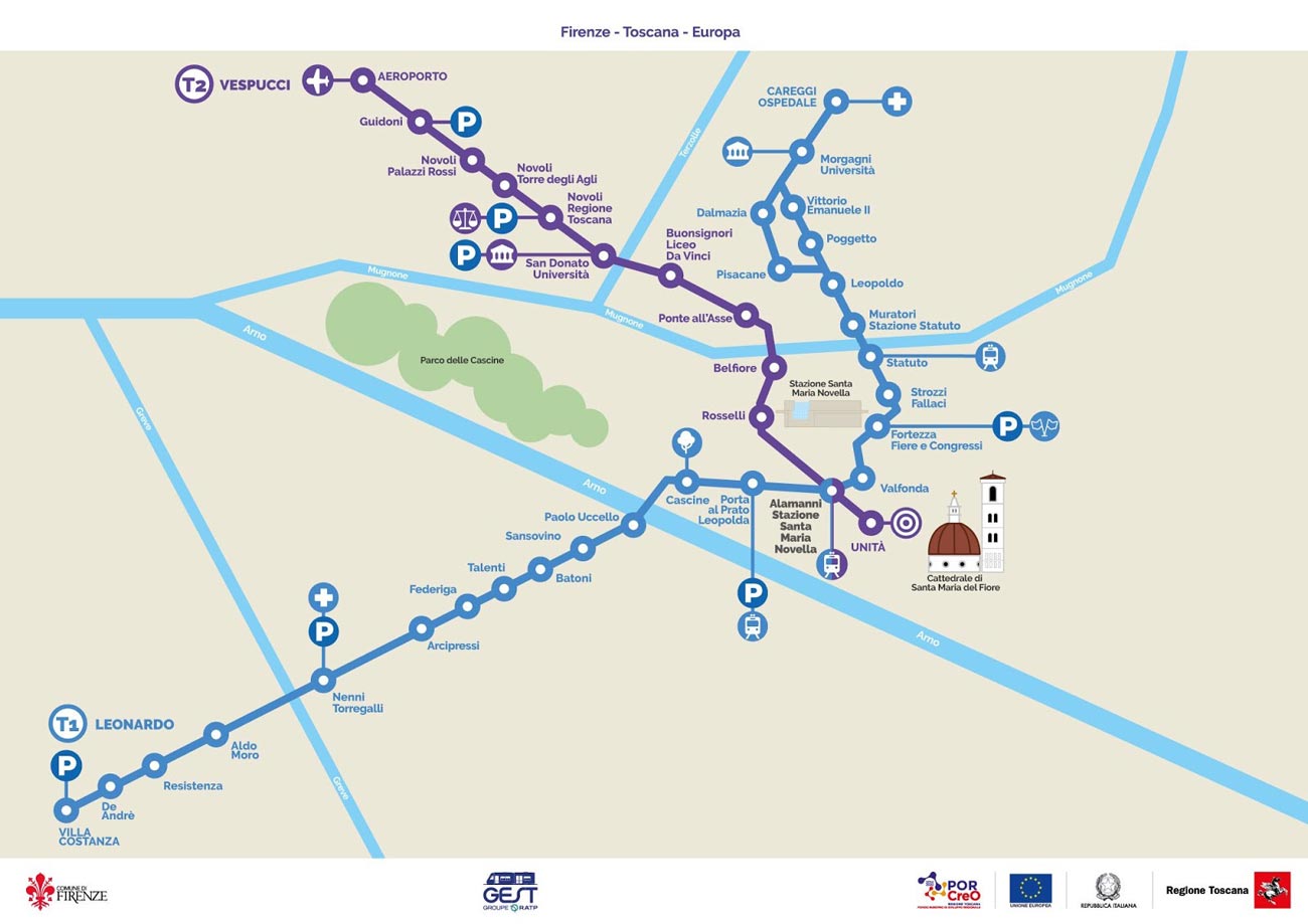 Mapa de la línea de tranvía para ir al aeropuerto de Florencia